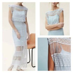 CALLAHAN Anthropologie Pastel Blue Crochet Fringe Maxi Dress Large Bohemian